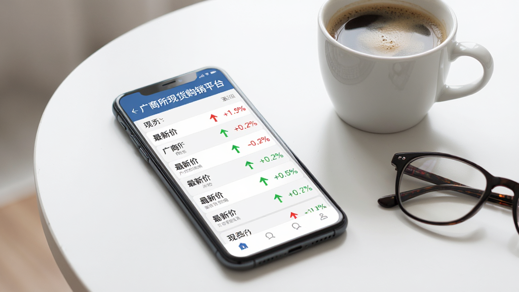 一部手机放在桌面上,屏幕显示广商所现货购销平台的实时行情列表,列表中有多个现货品种名称、最新价、涨跌箭头和百分比数字,红绿颜色区分涨跌,背景是简洁的白色,手机旁边有一杯咖啡和一副眼镜,光线柔和,画面干净,无多余元素。