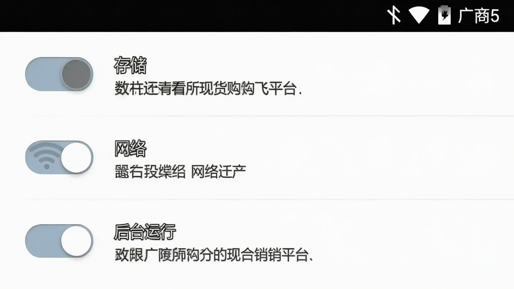 一张手机截图风格的示意图,展示广商所现货购销平台的权限设置页面,页面上有“存储”“网络”“后台运行”三个权限开关,开关旁边有文字说明,界面为安卓原生设置风格,背景白色,文字黑色,整体干净整洁,无多余元素。