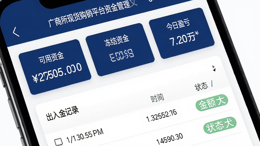 手机屏幕显示广商所现货购销平台的资金管理页面,页面上有“可用资金”“冻结资金”“今日盈亏”三个数据卡片,下方是出入金记录列表,每条记录有时间、金额和状态标签,界面以白色为底,数据用深蓝色突出,整体排版整齐,风格清爽,画质干净,无多余元素。