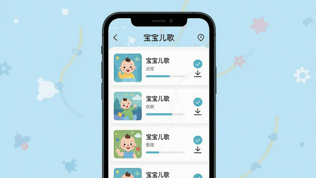 生图提示词:一张展示“宝宝儿歌”App离线下载功能的手机界面截图风格插画,画面主体是一部手机,屏幕上显示“宝宝儿歌”的专辑列表,每个专辑旁边有一个向下的下载箭头图标,背景是浅蓝色,布局为手机居中,风格为现代扁平化UI设计,细节包括下载进度条和已下载的勾选标记,画质清晰干净无多余元素