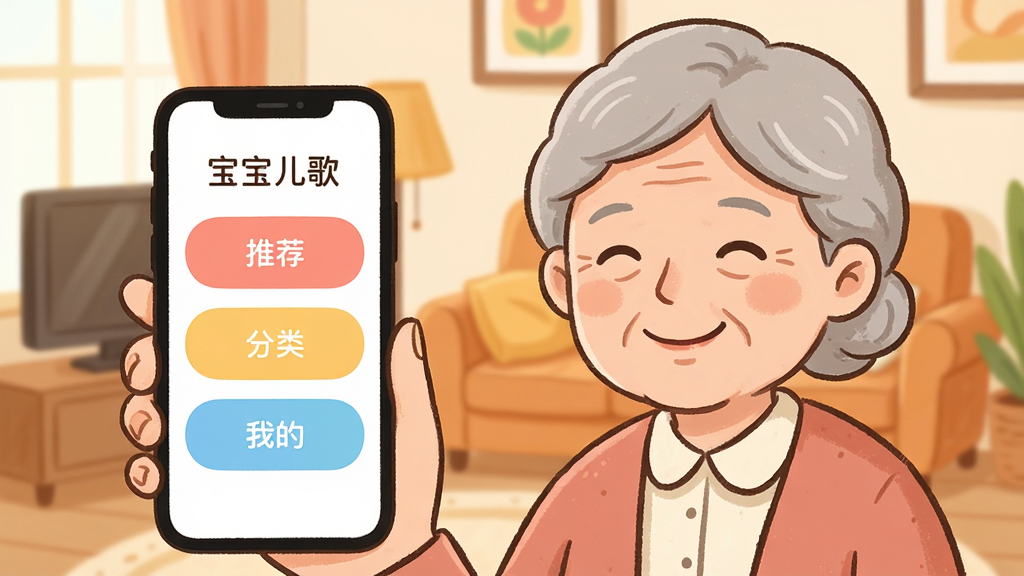 生图提示词:一张展示“宝宝儿歌”App主界面的插画,画面主体是一位慈祥的奶奶拿着手机微笑,手机屏幕上显示“宝宝儿歌”的极简界面,有三个大按钮写着“推荐”“分类”“我的”,背景是温馨的家庭客厅环境,布局为人物与手机并排,风格为温馨手绘风,细节包括奶奶脸上的笑容和手机屏幕的柔和色彩,画质清晰干净无多余元素