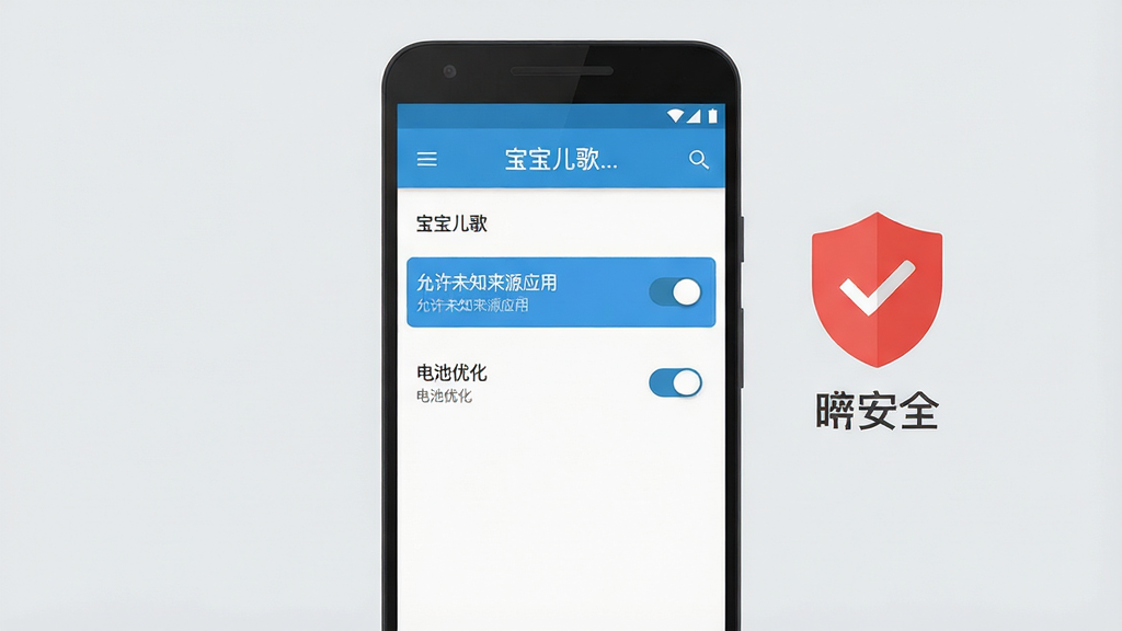 生图提示词:一张展示“宝宝儿歌”App安装设置界面的插画,画面主体是一部安卓手机显示设置菜单,菜单中高亮显示“允许未知来源应用”和“电池优化”选项,旁边有一个红色盾牌图标表示安全提示,背景是浅灰色,布局为手机居中,风格为扁平化科技插画,细节包括清晰的开关按钮和文字标签,画质干净无多余元素