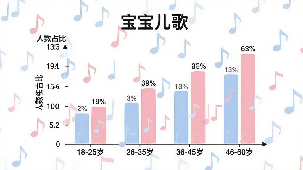 生图提示词:一张展示“宝宝儿歌”App用户年龄分布的柱状图插画,画面主体是一个柱状图,横轴为“18-25岁”“26-35岁”“36-45岁”“46-60岁”,纵轴为人数占比,柱状图颜色为柔和的蓝色和粉色,背景是白色,布局为图表居中,风格为简洁数据可视化,细节包括清晰的坐标轴标签和百分比数字,画质干净无多余元素