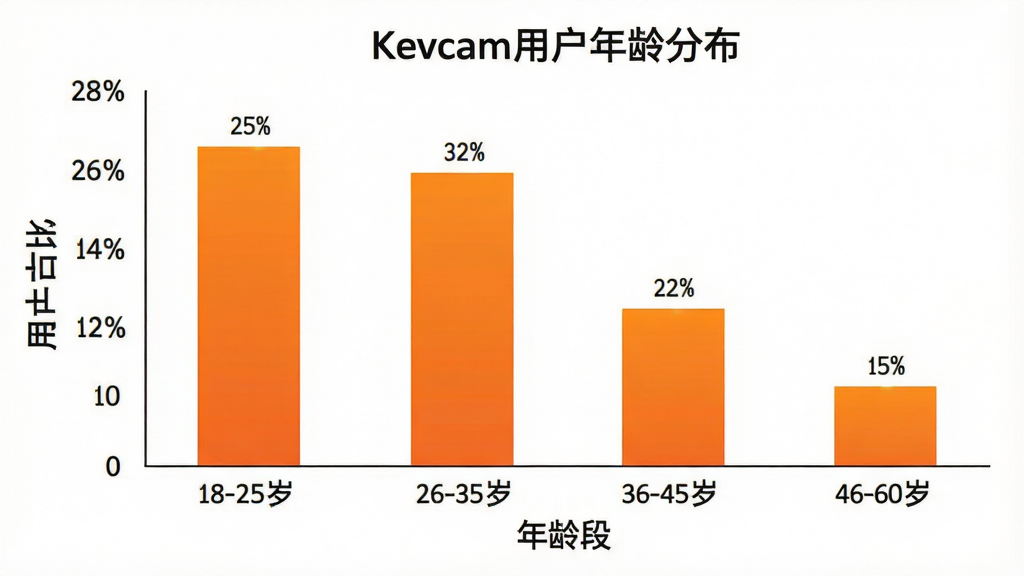 一张柱状图,标题为“Kevcam用户年龄分布”,横轴为年龄段,纵轴为用户占比百分比。数据依次为:18-25岁占比28%,26-35岁占比35%,36-45岁占比22%,46-60岁占比15%。柱子颜色为橙色渐变,背景白色,图表干净简洁,无多余装饰。