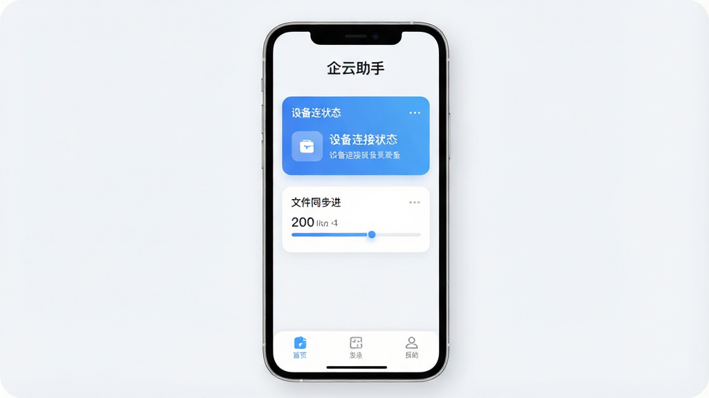 一张展示企云助手App主界面的手机样机图,画面中央是手机屏幕,屏幕内显示企云助手App的首页,顶部有“企云助手”文字标识,中间是设备连接状态卡片和文件同步进度条,底部是简洁的三个功能选项卡,背景为干净的浅灰白色,整体风格现代扁平,细节圆润,画质清晰,无多余元素