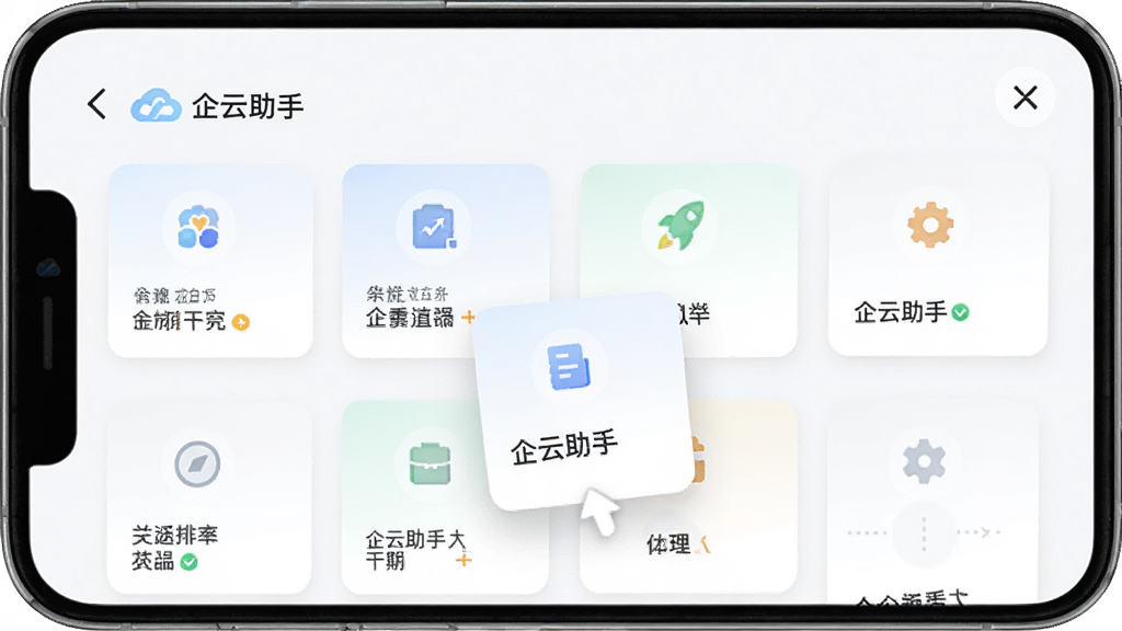 一张企云助手首页自定义设置界面的图片,手机屏幕显示卡片拖拽排序的界面,顶部有“企云助手”标题,下方有多个功能卡片,其中一个卡片正在被拖动,背景为浅色,风格现代,画质清晰,无多余元素