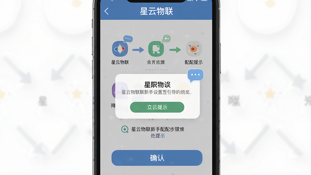 一张展示星云物联新手设置引导页面的图片,主体为手机屏幕显示权限请求弹窗和配网提示步骤,布局为顶部标题栏、中部步骤图示、底部确认按钮,排版纵向排列,风格为友好亲和的扁平设计,细节上图标带有引导箭头和提示气泡,画质高清干净无多余元素,图片中文字包含“星云物联”