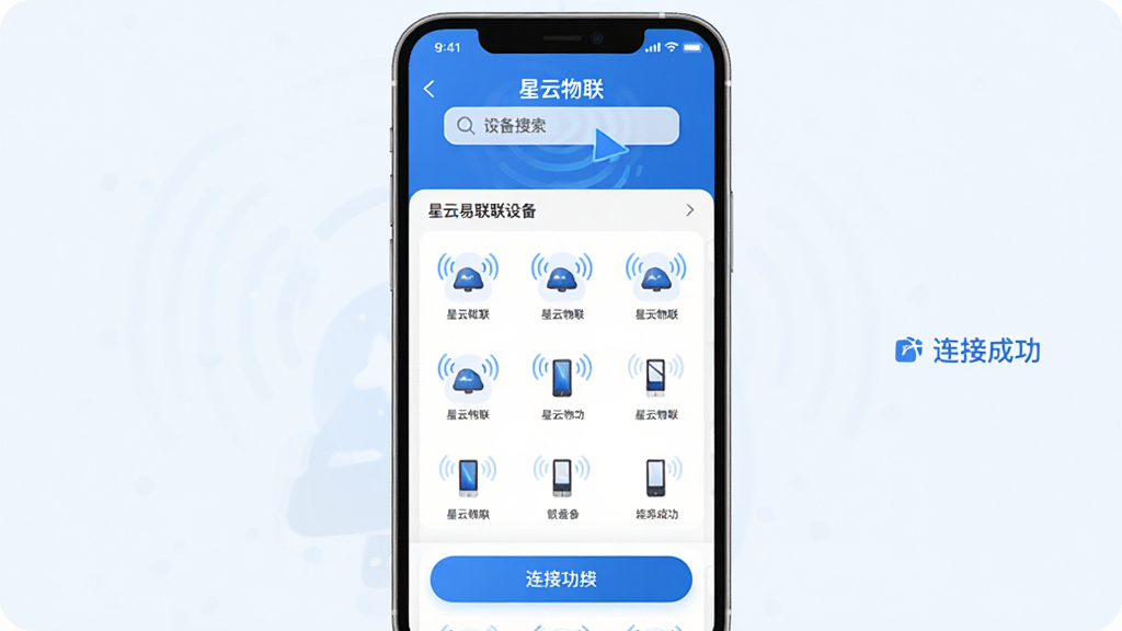 一张展示星云物联设备快速连接功能的图片,主体为手机屏幕显示设备搜索列表和连接成功提示,布局为顶部搜索动画、中部设备图标列表、底部连接按钮,排版竖向排列,风格为科技蓝简约风,细节上设备图标带有信号波纹效果,画质高清干净无多余元素,图片中文字包含“星云物联”