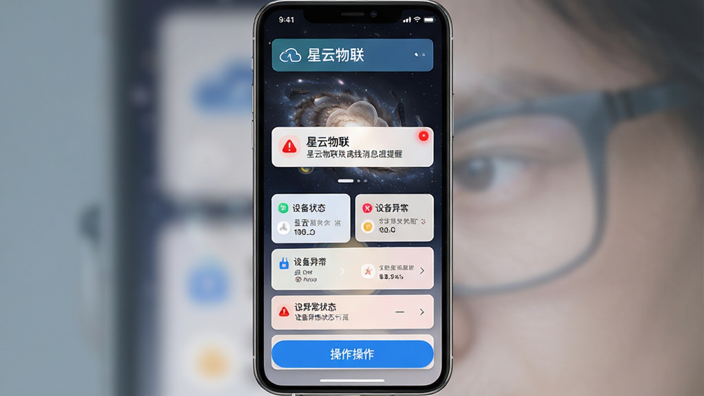 一张展示星云物联离线消息提醒功能的图片,主体为手机屏幕显示通知弹窗和设备异常状态列表,布局为顶部通知横幅、中部设备状态卡片、底部操作按钮,排版纵向排列,风格为简洁明快的科技风,细节上通知图标带有红色警示点,画质高清干净无多余元素,图片中文字包含“星云物联”