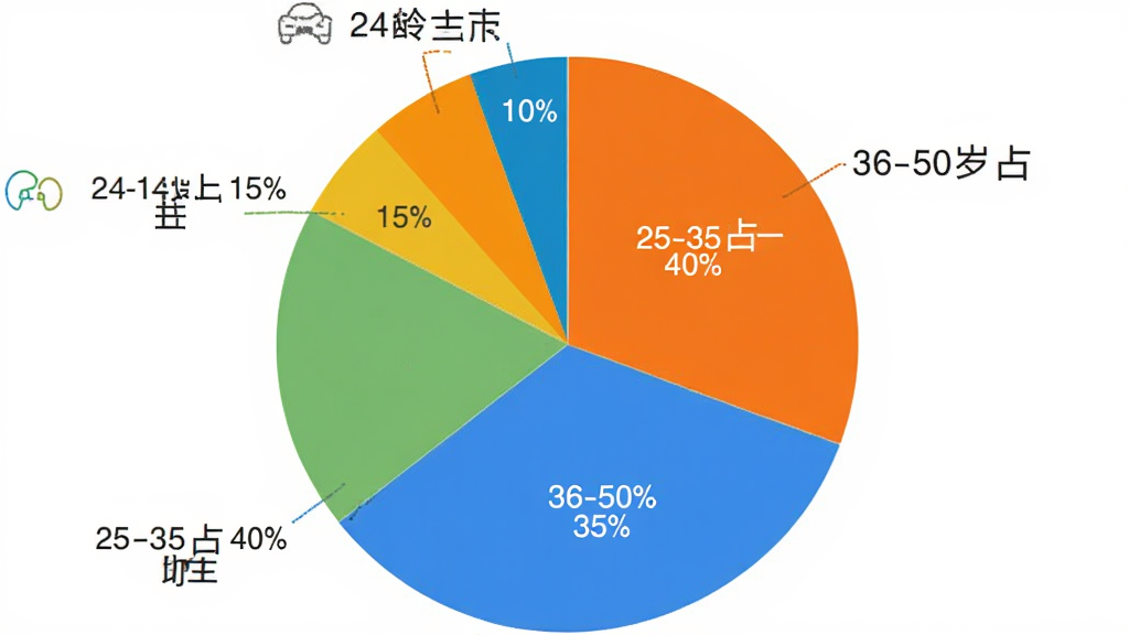 好车主保险助手 用户年龄分布饼状图 四个扇形区域 分别标注25-35岁占40% 36-50岁占35% 50岁以上占15% 18-24岁占10% 颜色区分明显 图表风格简洁 画质干净 无多余装饰