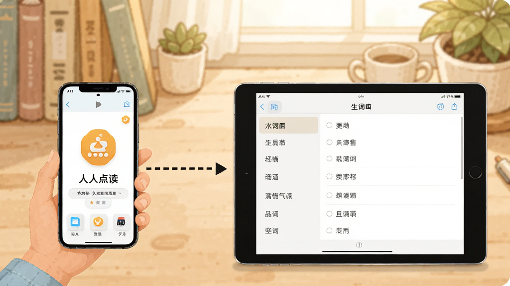一部手机和一台平板同时展示人人点读的使用场景,手机竖屏显示点读界面,平板横屏显示生词本列表,两者之间用虚线箭头连接表示数据同步,背景为书桌场景,风格为清新学习风插画,色调温暖,画质清晰干净