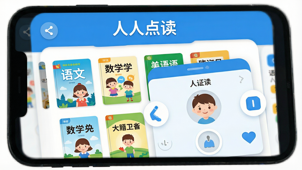 一张手机屏幕展示人人点读软件主页的图片,画面中央是打开的点读界面,上方显示人人点读四个字标题,下方排列着语文数学英语等教材封面,点击某本教材后弹出点读交互区域,整体布局简洁清晰,风格为现代扁平化设计,色调以蓝白为主,细节圆润干净,画质高清无多余元素