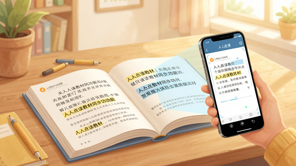 一张展示人人点读教材同步功能的图片,画面中一本打开的电子课本平铺在桌面上,旁边一部手机正对着课本扫描,手机屏幕上显示人人点读的识别界面,课本上的文字被高亮标记,整体风格为温馨的学习场景插画,色调柔和明亮,细节丰富,画质干净清晰