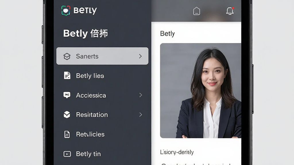 一张Betly 倍拓应用内页的细节特写图,主体是手机屏幕,屏幕上展示Betly 倍拓的侧边栏菜单,菜单项排列整齐,背景为纯色,布局为左侧菜单右侧内容预览,风格简约商务,细节清晰,画质干净。