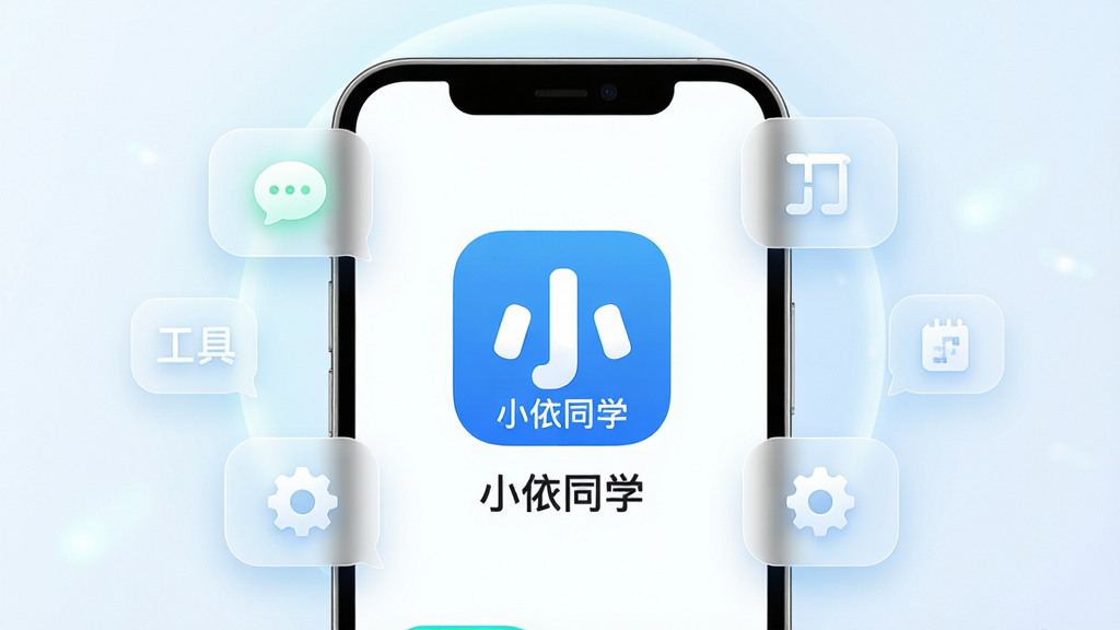 主体是一个清爽的智能手机屏幕,屏幕中央显示着“小依同学”的软件图标和名称,图标设计简洁现代,以蓝白配色为主。布局采用居中构图,手机周围漂浮着几个半透明的功能气泡,分别代表聊天、工具、设置等模块。排版干净利落,风格偏向扁平化科技感,细节上图标边缘圆润,背景有淡淡的渐变光晕。画质高清,干净无多余元素,整体看起来就像一张应用商店的推荐图。