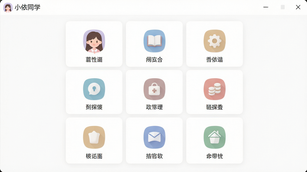 主体是“小依同学”软件的主界面截图,画面中心是一个九宫格布局的功能区,每个格子图标清晰,分别标注着不同的工具名称。布局采用正视角度,排版简洁明了,背景是纯白色。风格为扁平化UI设计,细节上图标色彩柔和,间距均匀。画质干净清晰,无多余装饰元素。