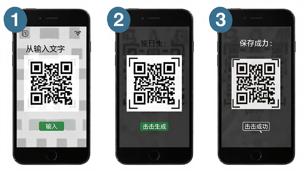 二维码条形码生成软件在手机上的操作步骤示意图,画面展示从输入文字到点击生成再到保存成功的三个步骤,用数字123标注,风格简洁明了,画质清晰,无多余元素