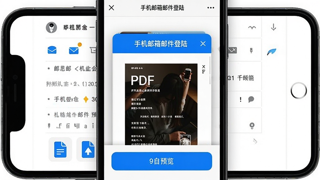 邮件附件在线预览功能展示,手机屏幕内显示一封打开的邮件,下方有附件图标和预览按钮,屏幕中央弹出PDF文档预览窗口,顶部有