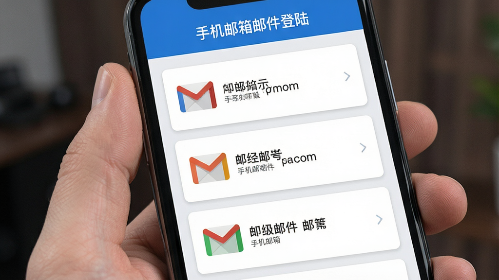 多账号统一管理界面,手机屏幕内展示三个邮箱账号卡片纵向排列,每张卡片上有不同的邮箱图标和账号名称,卡片之间用浅灰色分割线隔开,顶部有