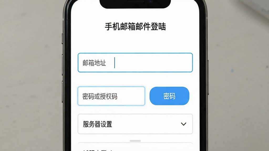 手机邮箱邮件登陆账号添加引导页面,手机屏幕内显示添加邮箱账号的表单界面,包含邮箱地址输入框、密码或授权码输入框、服务器设置折叠选项,顶部有
