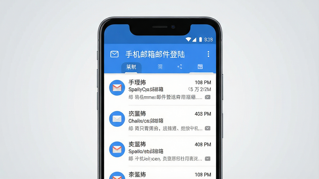 手机邮箱邮件登陆应用主界面展示,画面中央是一台竖屏安卓手机,屏幕内显示简洁的邮件收件箱列表,顶部有
