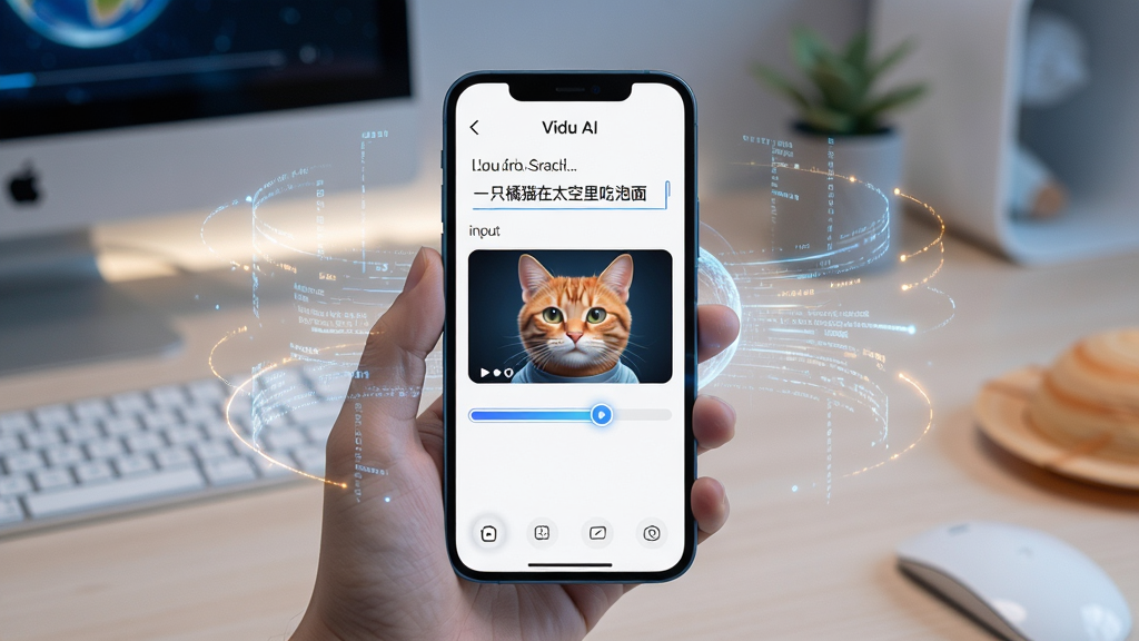 һ��չʾVidu AI AIһ����Ƭ���ܵ�����ͼƬ�������������ֻ���Ļ��ʾ�������ֺ�����������Ƶ�Ľ��������棬�������������룬�Ű��࣬���ƻ������У�ϸ��������������С�һֻ��è��̫��������桱��������Ļ��Χ����������Ч�����ʸ��壬�ɾ����޶���Ԫ�ء�