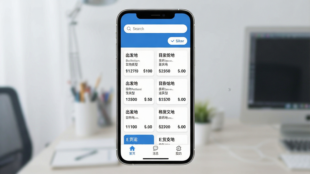 一张展示E货运平台手机应用主界面的图片,画面中央是一部智能手机,屏幕上显示着E货运平台的货源列表页面,顶部有搜索框和筛选按钮,中间是整齐排列的货运订单卡片,每张卡片上标注了出发地、目的地、货物类型和运费价格,底部有首页、消息、我的三个导航标签,整体布局清晰简洁,风格现代扁平化,配色以蓝色和白色为主,画质干净无多余元素,文字清晰可辨。
