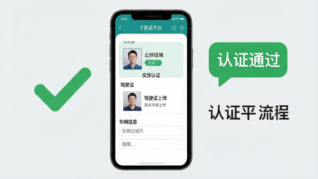 一张展示E货运平台使用教程的图片,画面中一部手机屏幕上显示着APP的实名认证页面,页面上有身份证上传区域、驾驶证上传区域和车辆信息填写框,手机旁边有一个打勾的绿色对勾图标和“认证通过”的文字气泡,背景是干净的浅灰色,风格简洁明快,画质清晰,文字标注为“E货运平台认证流程”。