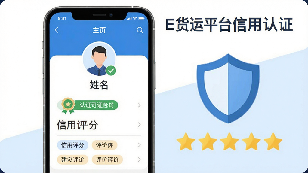 一张展示E货运平台司机认证与信用体系的图片,画面中一部手机屏幕上显示着司机个人主页,页面上有头像、姓名、认证徽章、信用评分和评价标签,手机旁边有一个盾牌图标和五颗星星的图案,背景是干净的白色和浅蓝色,风格简洁专业,画质清晰,文字标注为“E货运平台信用认证”。