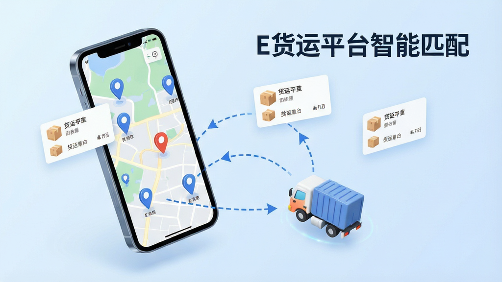 一张展示E货运平台智能匹配功能的示意图,画面中一部手机屏幕上显示着地图界面,地图上有多个货运订单标记点,手机旁边漂浮着几个货运订单卡片和一辆卡通货车图标,有虚线箭头从货车指向订单卡片,表示智能匹配的过程,背景是简洁的浅蓝色渐变,风格现代科技感,画质清晰干净,文字标注为“E货运平台智能匹配”。