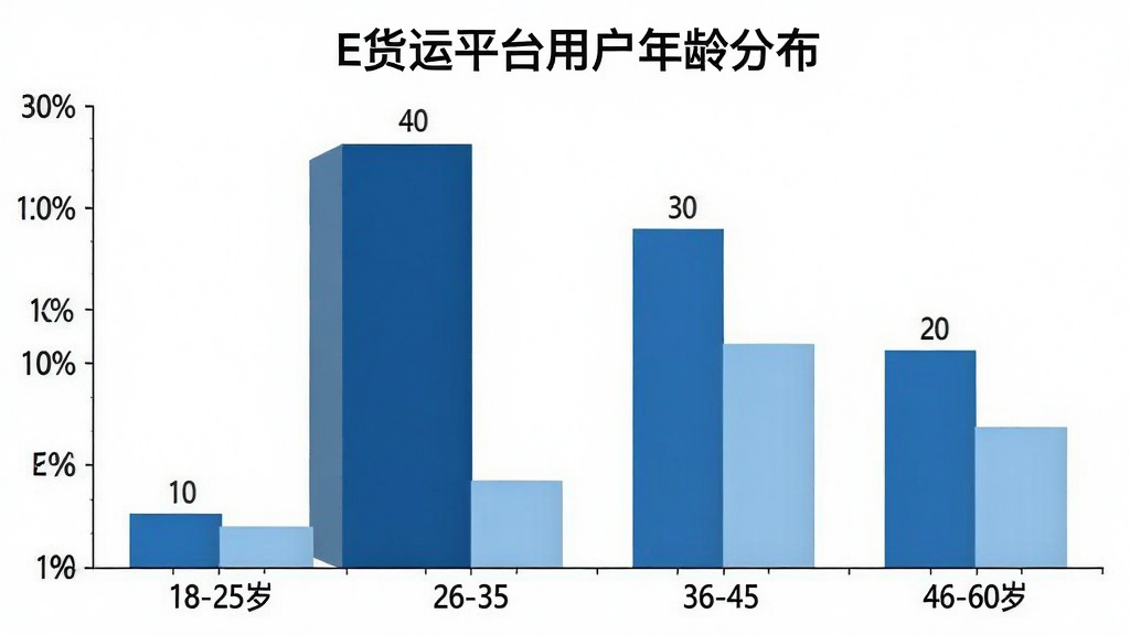 一张展示E货运平台用户年龄分布的柱状图,横轴为年龄段分为18-25岁、26-35岁、36-45岁、46-60岁四个区间,纵轴为用户人数占比百分比,柱状图显示26-35岁占比最高约为40%,36-45岁占比约30%,46-60岁占比约20%,18-25岁占比约10%,图表配色为深浅不一的蓝色柱体,背景为白色,风格简洁数据可视化,画质清晰,图表标题为“E货运平台用户年龄分布”。