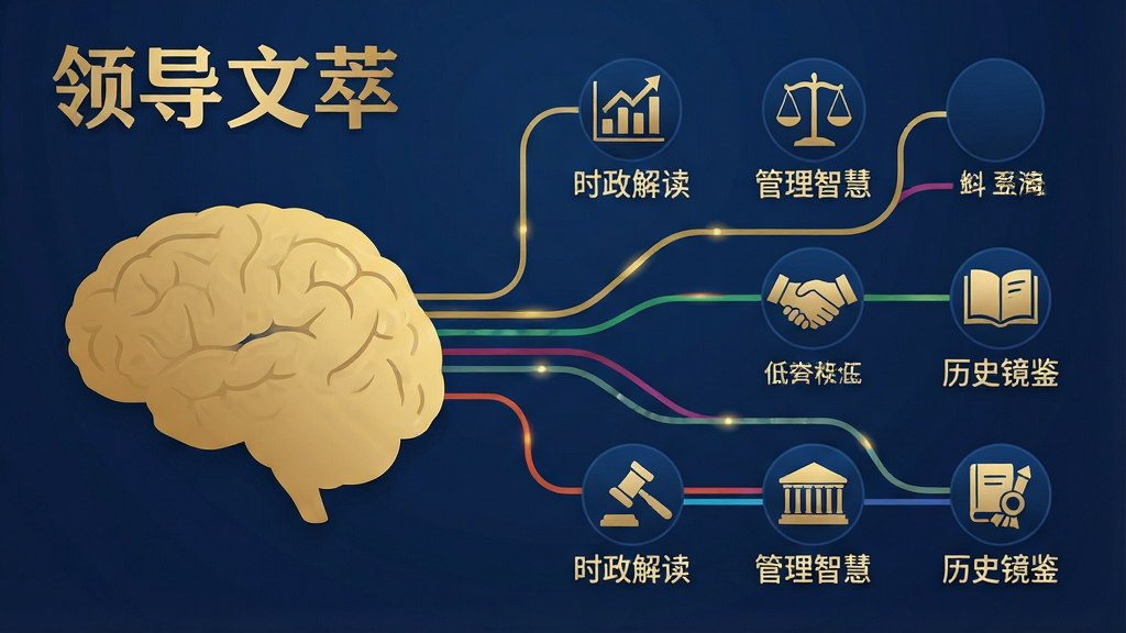 一张信息图表风格的插画,展示“领导文萃”APP内部的知识分类架构。画面左侧是一个大脑的剪影,右侧延伸出多条彩色线条连接着不同的图标,如图表、天平、握手、书本等,图标下方分别标注着“时政解读”、“管理智慧”、“历史镜鉴”等字样。整体色调以深蓝和金色为主,体现权威与智慧感,排版简洁大气,画质清晰,无多余元素。