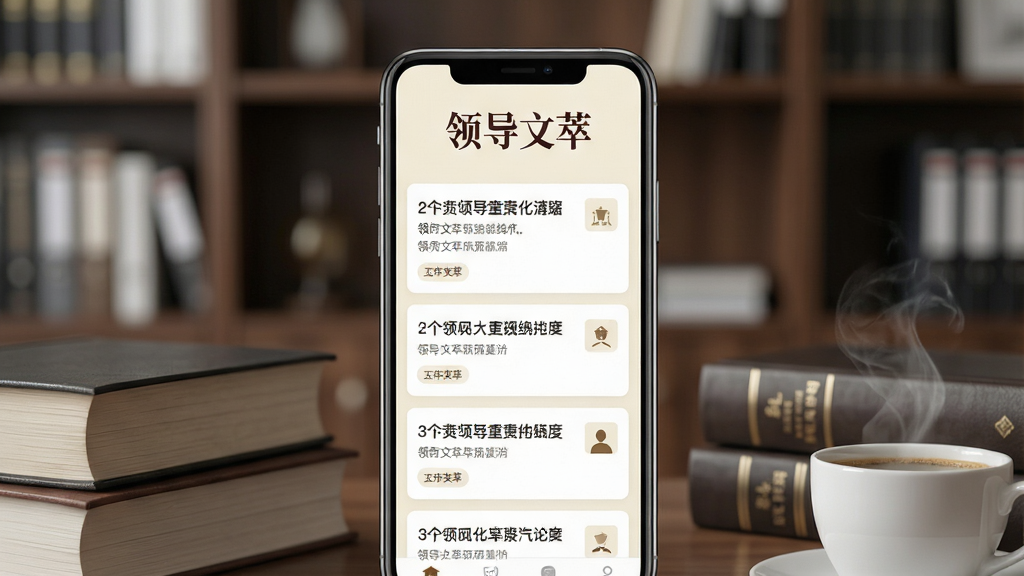 一张展示“领导文萃”手机APP主界面的图片。画面中心是一部竖屏智能手机,屏幕显示APP首页,顶部有“领导文萃”四个字的Logo,下方是整齐的文章卡片列表,标题清晰可见,背景是淡雅的米白色,整体风格严肃且现代。手机周围散落着几本厚重的书籍和一杯冒着热气的咖啡,背景是虚化的办公室书架。风格为高清产品展示图,细节丰富,画质干净,无多余元素。