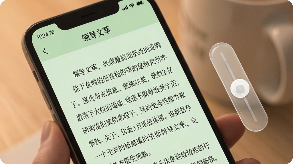 一张展示手机阅读界面的图片。手机屏幕显示“领导文萃”APP的一篇文章,文字排版疏朗,字体清晰,背景是护眼的淡绿色。屏幕旁边有一个透明的滑块图标,示意可以调节字体大小和亮度。画面整体色调柔和,风格温馨,强调沉浸式阅读的舒适感,画质干净,无多余元素。
