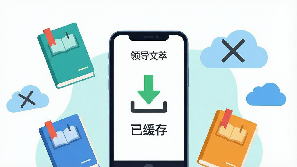 一张表现“领导文萃”APP离线下载功能的插画。画面中央是一部手机,屏幕显示下载箭头图标和“已缓存”字样,手机周围漂浮着几本带有书签的电子书和云朵图标,云朵上画着斜杠表示无网络。风格为扁平化设计,色彩明快,背景简洁,强调便捷与实用性,画质清晰,无多余元素。