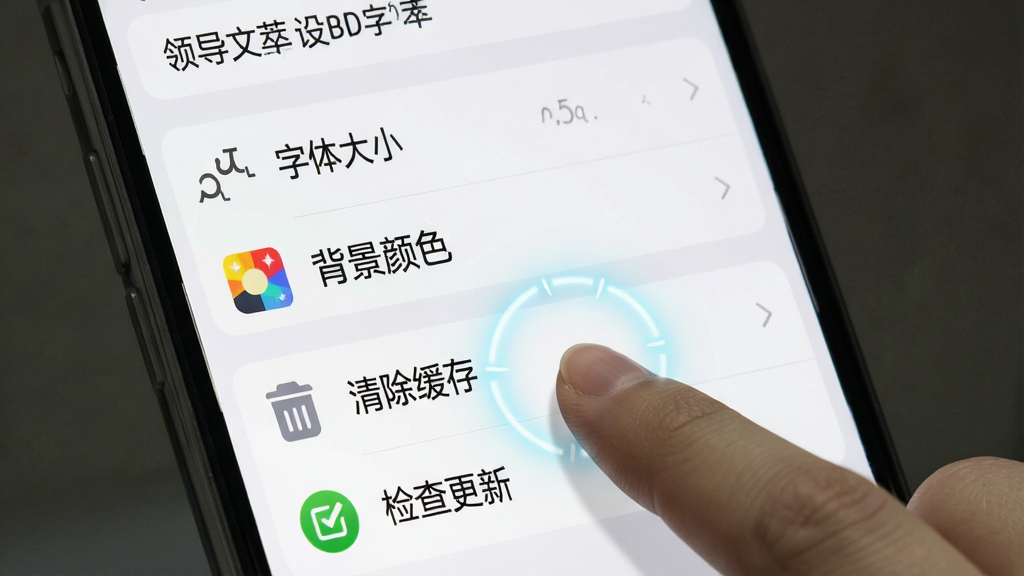 一张手机屏幕截图风格的图片,展示“领导文萃”APP的设置菜单界面。菜单项包括“字体大小”、“背景颜色”、“清除缓存”、“检查更新”等,界面简洁,图标清晰。画面中有一只手正在点击“清除缓存”选项,周围有发光效果强调。风格为写实UI界面,画质清晰,无多余元素。