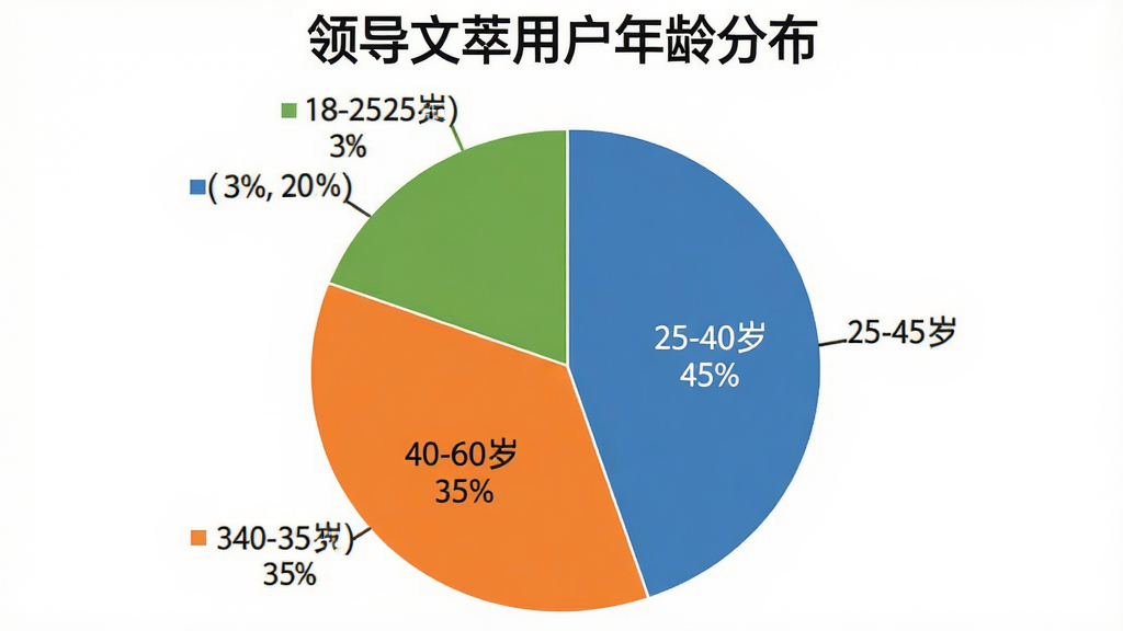 一张饼状图,标题为“领导文萃用户年龄分布”。饼图分为三块:25-40岁占45%,40-60岁占35%,18-25岁占20%。颜色分别为蓝色、橙色和绿色。图表背景为白色,数据标签清晰,风格简洁专业,无多余元素。