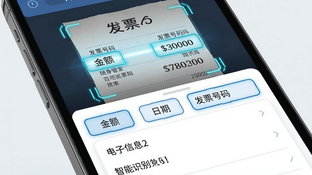 电子发票随身管家 智能识别功能展示图。主体为手机屏幕特写,屏幕中央显示一张发票被扫描的动画效果,发票上的关键信息如“金额”“日期”“发票号码”被高亮框选并自动填入下方信息栏。布局采用上下结构,上方是发票图像,下方是识别出的文字信息列表。风格科技感与简洁兼顾,细节清晰,画质干净无多余元素。