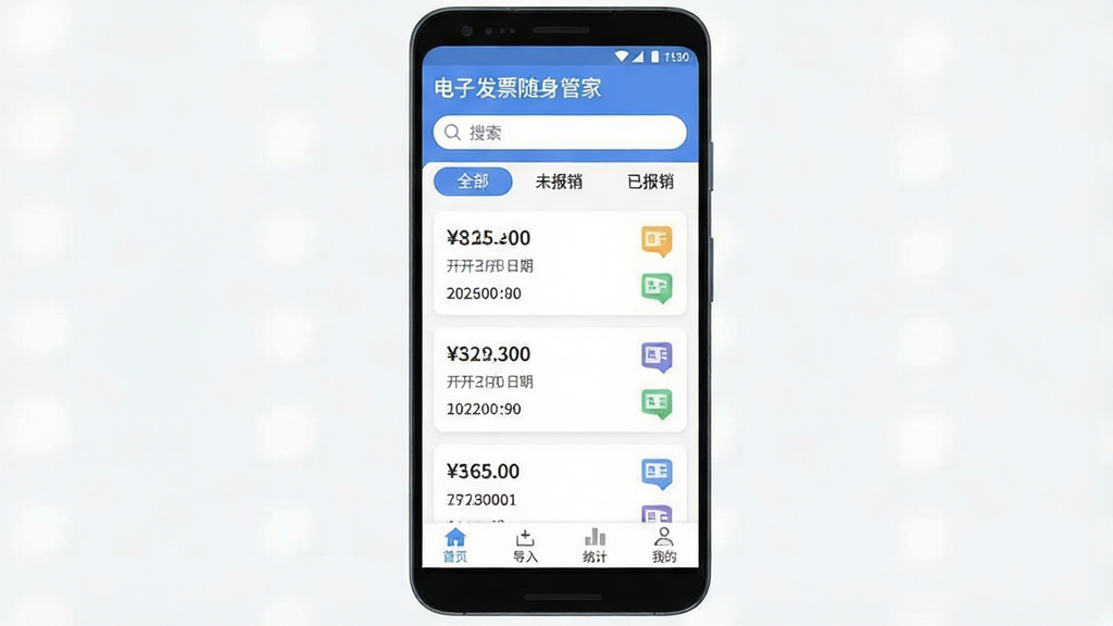 电子发票随身管家 软件主界面全貌展示图。主体为一部安卓手机屏幕,屏幕内显示“电子发票随身管家”应用主页面,页面顶部是搜索框和分类标签“全部”“未报销”“已报销”,中间是发票卡片列表,每张卡片显示发票金额、开票日期和发票类型图标,底部是导航栏“首页”“导入”“统计”“我的”。布局清晰,排版整齐,风格简洁现代扁平化,细节圆润,画质干净无多余元素。