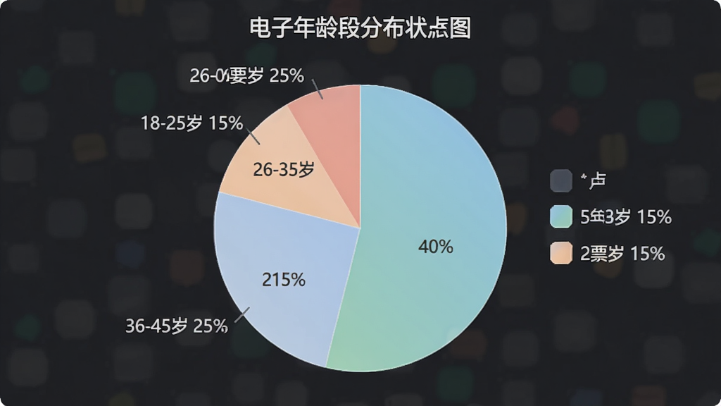 电子发票随身管家 用户年龄分布饼状图。主体为一个饼状图,显示不同年龄段的用户占比:18-25岁占比15%,26-35岁占比40%,36-45岁占比25%,46-60岁占比20%。布局居中,图表色彩柔和,标签清晰。风格数据可视化,细节干净,画质清晰无多余元素。
