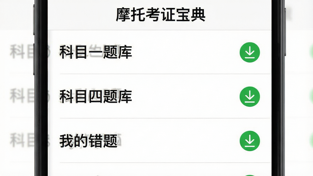 一张手机屏幕截图风格图片,展示摩托考证宝典App的离线题库列表,列表中有“科目一题库”、“科目四题库”、“我的错题”等条目,每个条目右侧有一个绿色的下载完成对勾图标,顶部有“摩托考证宝典”文字,背景为纯白色,风格简洁,画质清晰,无多余元素