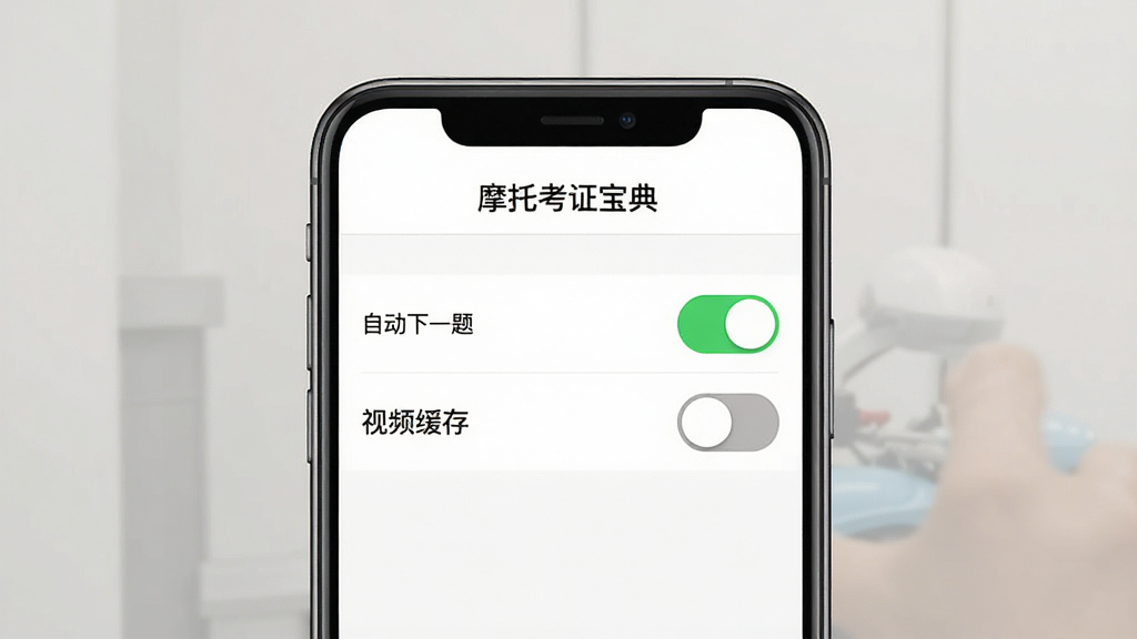 一张手机界面示意图,展示摩托考证宝典App的设置页面,页面中有“自动下一题”开关呈绿色开启状态,“视频缓存”开关呈灰色关闭状态,顶部标题为“摩托考证宝典”,背景为白色,风格简洁明了,画质清晰,无多余元素