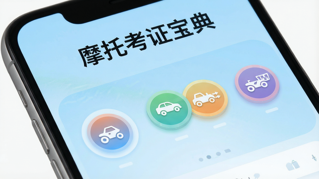一张手机屏幕特写,屏幕显示摩托考证宝典App的主界面,顶部有“摩托考证宝典”文字标题,中间是科目一、科目二、科目三、科目四的圆形图标按钮,背景为浅蓝色渐变,界面干净无广告,风格现代扁平,画质清晰,无多余元素