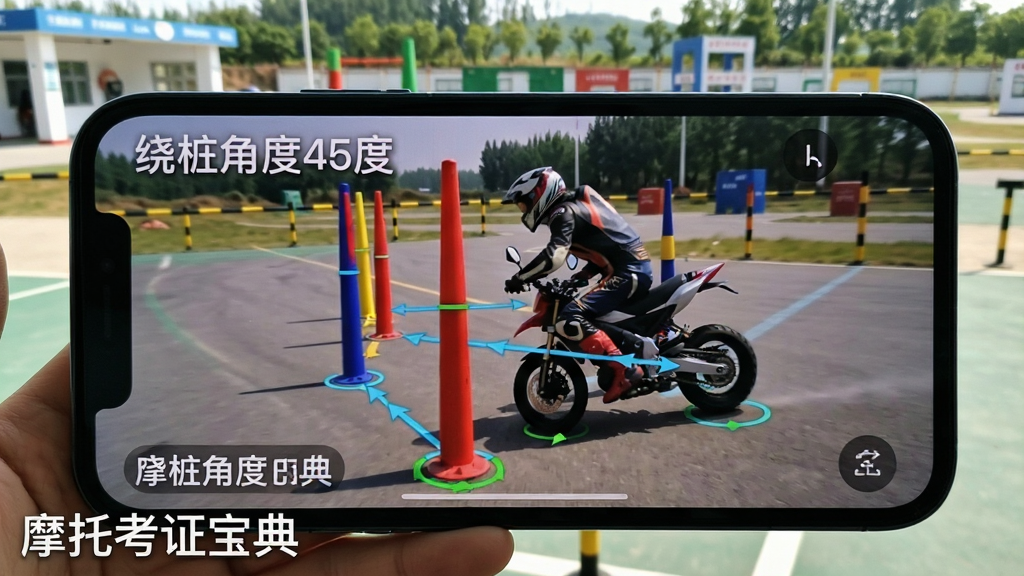 一张手机展示摩托考证宝典App的视频学习界面,屏幕中显示一位骑手正在绕桩,画面带有辅助线和文字标注“绕桩角度45度”,左下角有“摩托考证宝典”的水印,背景为驾校训练场,风格写实教学,画质清晰,无多余元素