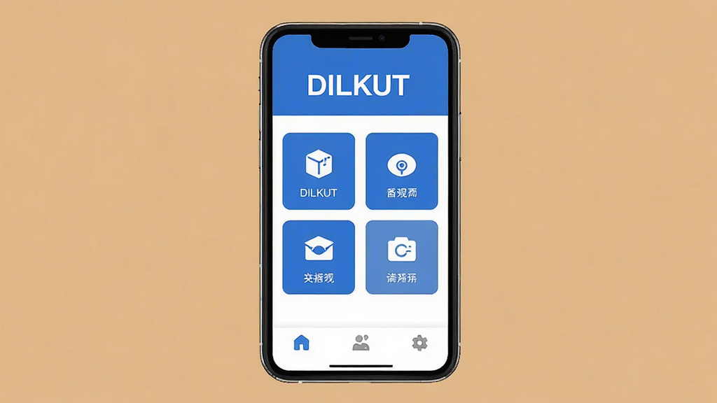 一张DILKUT应用功能展示图,画面中手机屏幕显示DILKUT的简洁主界面,界面以蓝白为主色调,上方有DILKUT字样,中间排列着几个功能模块图标,图标下方有中文标签,底部是三个选项卡,整体风格现代扁平,画质干净,背景为纯色,无多余装饰元素。