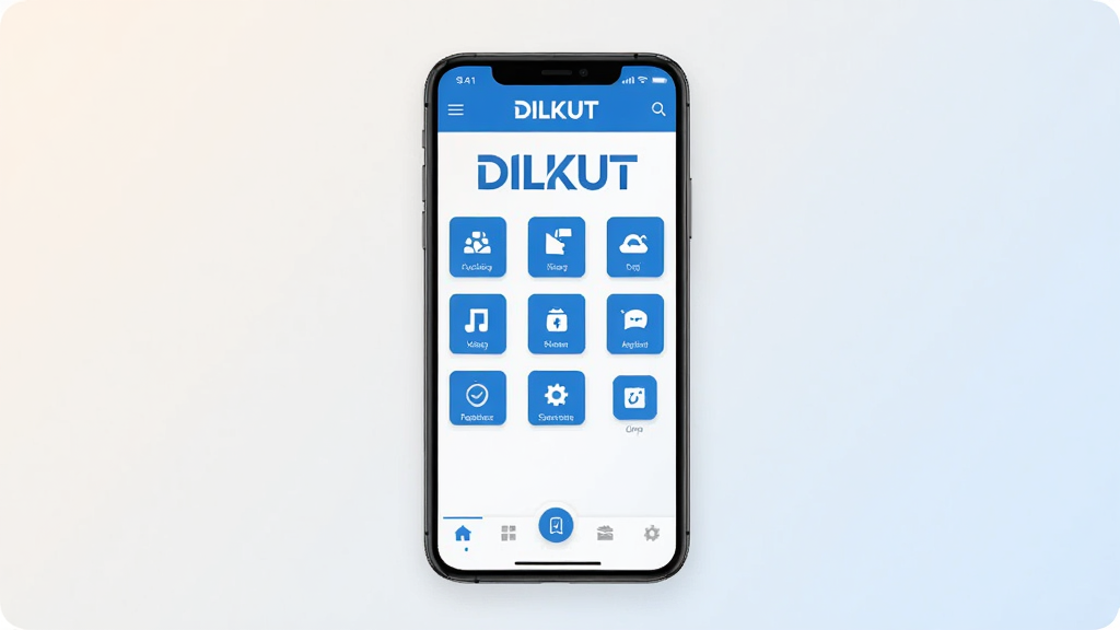 一张展示DILKUT软件主界面的图片,画面中央是手机屏幕,屏幕内显示DILKUT应用界面,界面设计简洁,以蓝白配色为主,顶部有DILKUT文字标识,中间是功能图标网格,底部有导航栏,风格现代扁平,画质干净清晰,背景为浅色渐变,无多余元素。