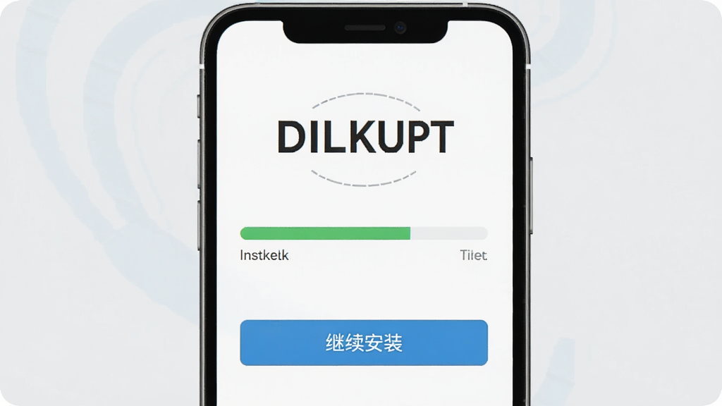 一张DILKUT安装步骤示意图,画面中手机屏幕显示安装进度条,屏幕上方有DILKUT文字标识,下方有“继续安装”按钮,背景为浅灰色,风格简洁明了,画质干净,无多余元素。