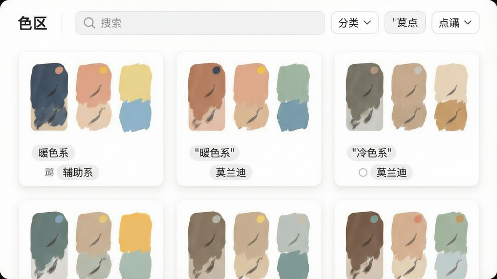 一张展示「色区」App配色方案管理界面的截图,画面中央是配色卡片网格布局,每张卡片展示一组配色方案包含主色、辅助色和点缀色,卡片下方有标签文字「暖色系」「冷色系」「莫兰迪」,顶部有搜索框和分类筛选按钮,整体布局整齐,风格清新简约,白底搭配柔和色块,画质干净无多余元素