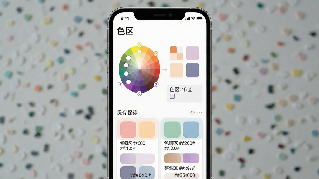 一张展示手机配色笔记App的界面截图,画面中央是「色区」App的主界面,顶部显示App名称「色区」,中间是取色盘和色值输入框,下方是保存好的配色卡片列表,包含色块和十六进制色值,整体布局简洁清晰,风格现代扁平,配色以白底为主搭配柔和彩色色块,画质干净无多余元素