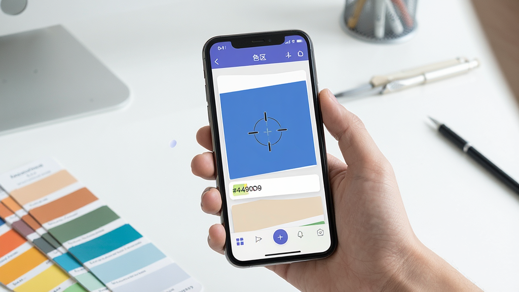 一张展示「色区」App离线取色功能的场景图,画面中一只手拿着手机对着彩色色卡进行取色,手机屏幕显示「色区」App的取色界面,屏幕中央有一个十字准星对准色卡上的蓝色区域,下方显示色值「#4A90D9」,背景是简洁的工作桌面,风格写实清新,画质干净无多余元素